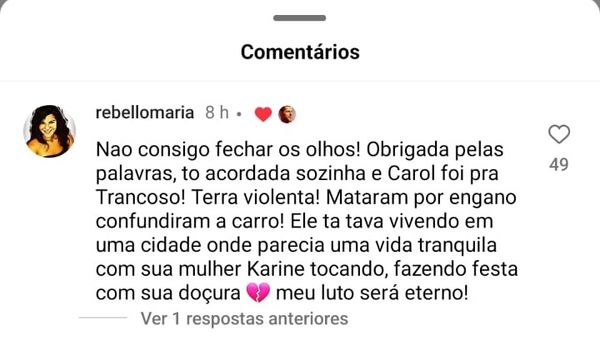 Mãe de João Rebello comenta sobre a morte do filho em post nas redes sociais