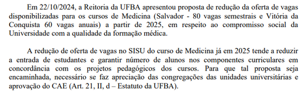 Trecho da nota enviada pela Pró-Reitoria da Ufba sobre a redução das vagas do Sisu para Medicina