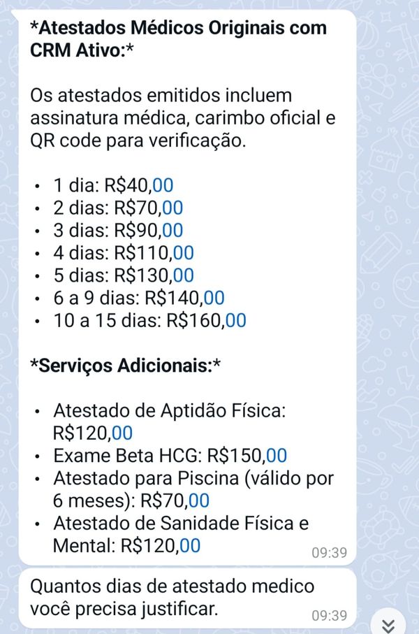 Venda de atestados médicos falsos via WhatsApp