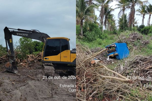 Retroescavadeira foi usada para desmatar vegetação no território Comexatibá