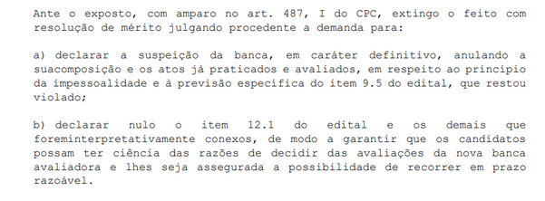 Trecho da decisão judicial que anula a composição da banca