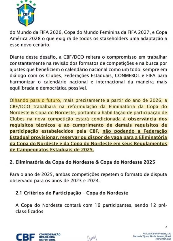 Documento sobre a Copa do Nordeste 2025