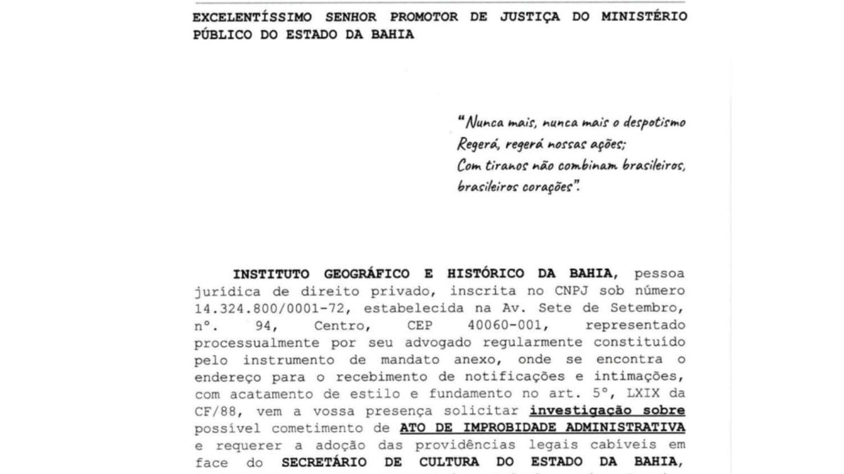 Denúncia feita ao Ministério Público cita o Hino da Bahia