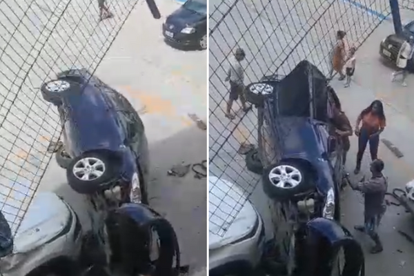 Carro caiu de estacionamento em mercado