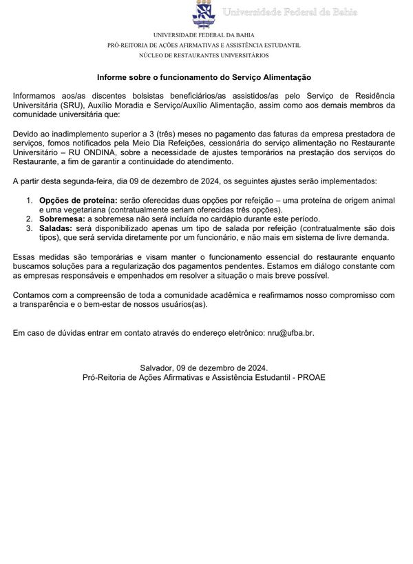 Comunicado enviado à comunidade acadêmica sobre as restrições no RU