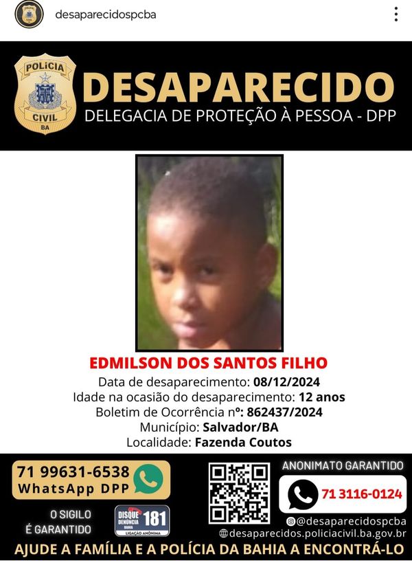 Edmilson dos Santos Filho, 12 anos, desaparecido no último domingo (8)