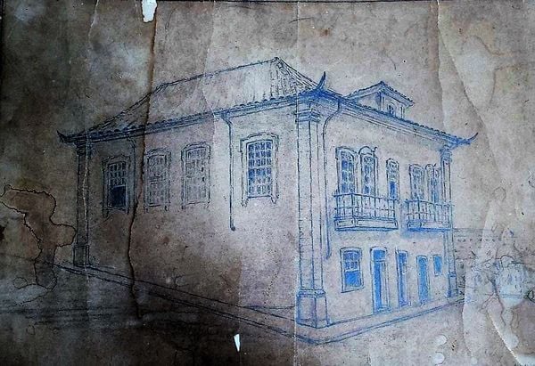 Esboço  a lápis feita por Presciliano Silva (1883-1965), a quem coube o desenho para reconstruir a casa natal do ilustre baiano 