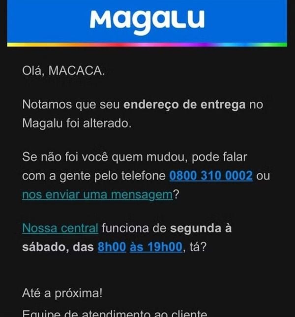 E-mail da Magazine Luiza com saudação racista 