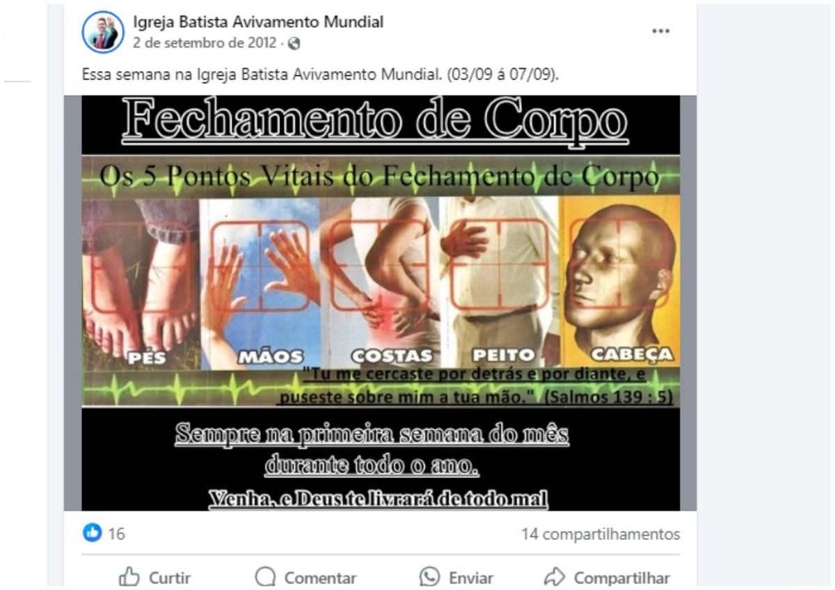 Em 2012, cards anunciavam cultos de fechamento de corpo