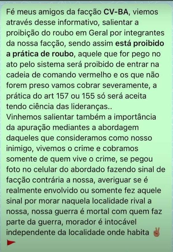 Suposto comunicado do CV proíbe morte de inocentes por gesto de facção rival  