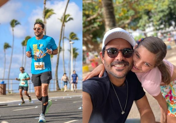 Luiz correndo, à esquerda, e com a filha Malu, à direita