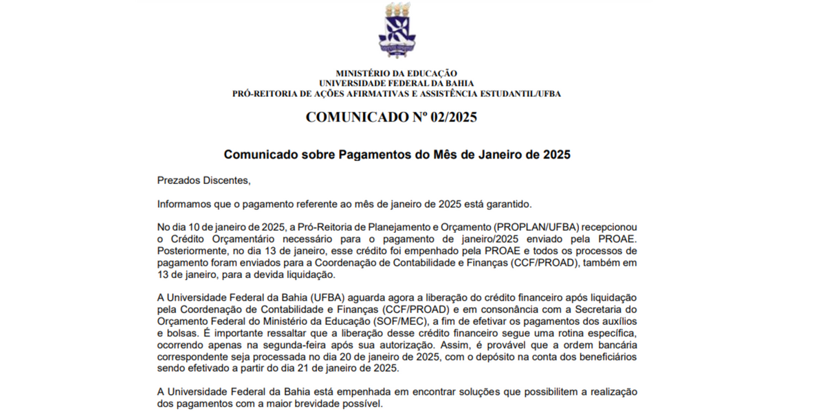 Comunicado da Ufba garante pagamento dos auxílios de janeiro