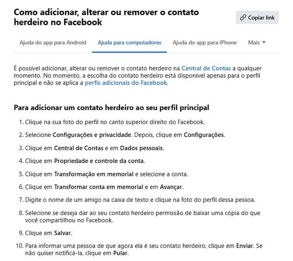 Página no Facebook explica como adicionar um contato herdeiro