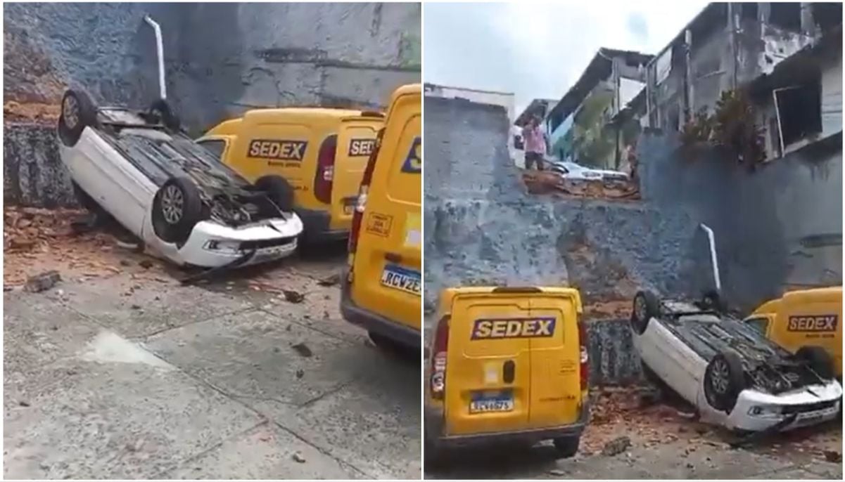 Carro caiu e capotou em área de estacionamento