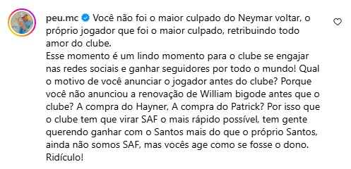 Comentários criticando o anúncio de Neymar por Marcelo Teixeira