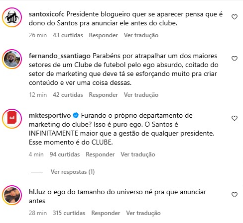 Comentários criticando o anúncio de Neymar por Marcelo Teixeira