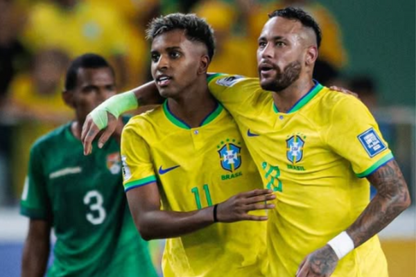 Rodrygo e Neymar jogando juntos pela Seleção Brasileira