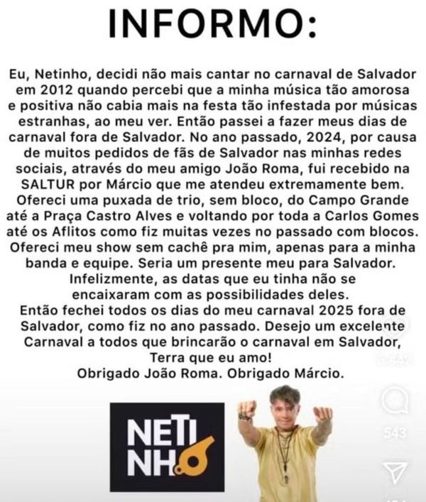 Declaração oficial do cantor