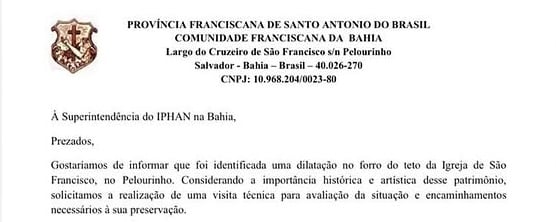 Trecho do documento enviado pelo frei Pedro Júnior ao Iphan