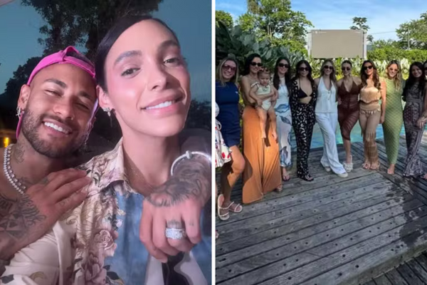 Neymar posa com convidado da festa; ao lado, Bruna Biancardi com a mãe, irmã, Mavie e amigas, incluindo Carol Dantas