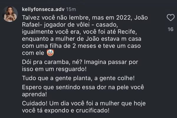 Advogada afirmou que Natinha já ficou com um jogador casado