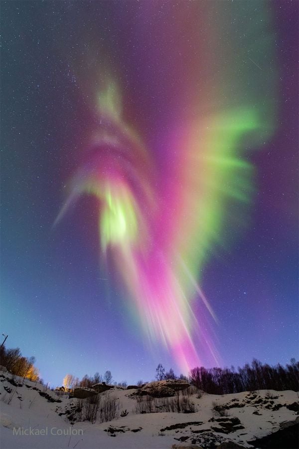 Aurora boreal em formato de beija-flor