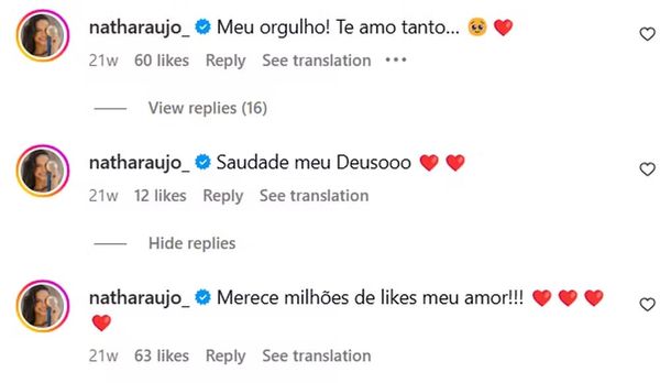 Elogios de Natinha ao então namorado