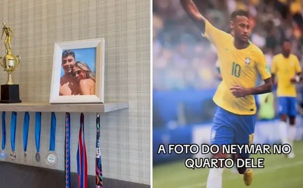 Comparação entre a foto do casal e a imagem de Neymar em quarto