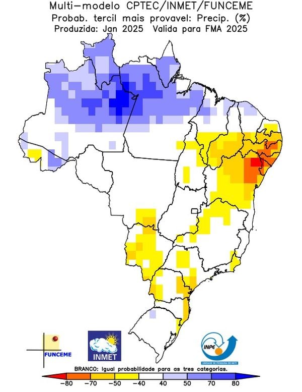 Probabilidade de chuva é menor para as áreas em vermelho e amarelo