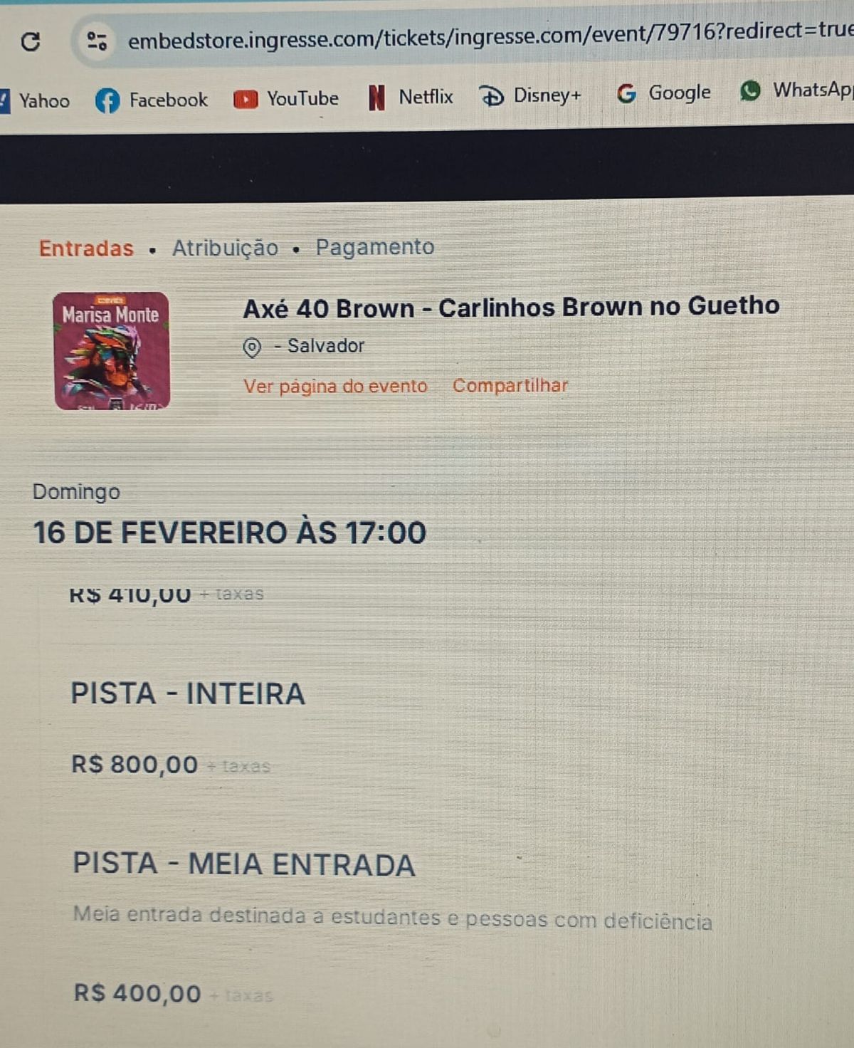 Valor do ingressos