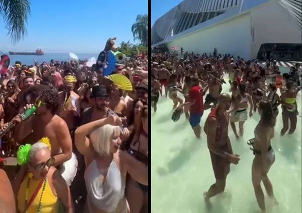 Foliões se refrescam em piscina no Museu do Amanhã