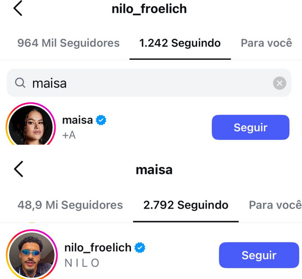 Troca de follows entre os dois foram encontrados