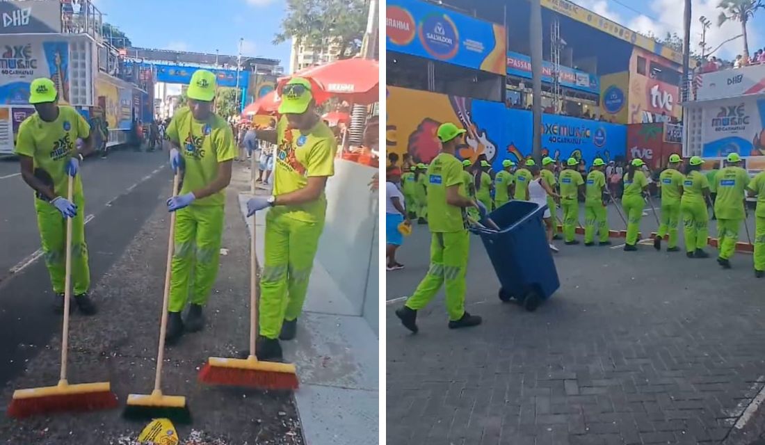 Profissionais da Limpurb cuidam do Circuito Osmar enquanto aproveitam a música por Alan Pinheiro/CORREIO