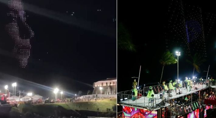 Imagem - Drones coloridos projetam rosto de Fernanda Torres e bandeira do Brasil no céu do Barra-Ondina