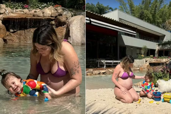 Viih Tube brincando com a filha Lua em frente da sua mansão