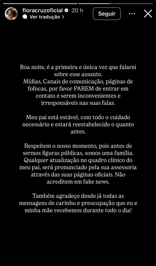 Mensagem de Flora Cruz sobre Arlindo Cruz nos Stories