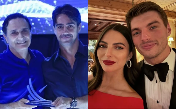 Nelson Piquet ao lado do sobrinho Rodrigo; Kelly Piquet e Max Verstappen