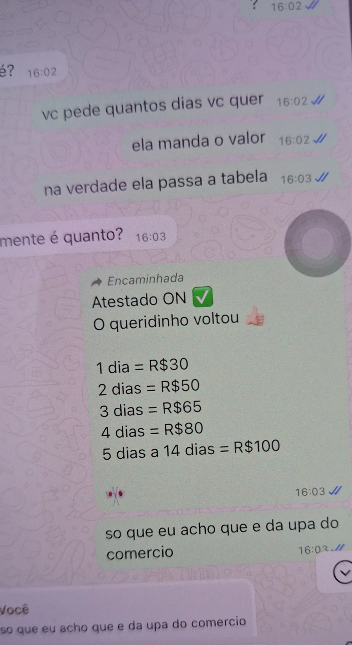 Colegas conversam sobre venda de atestados em aplicativo de mensagens