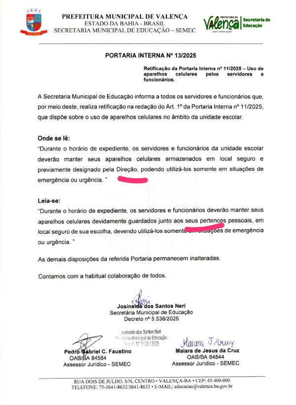 Retificação da portaria publicada pela Secretaria de Educação de Valença
