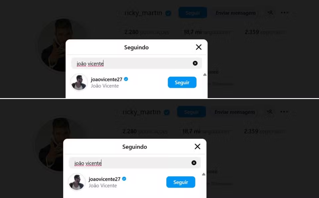 João Vicente é seguido por Ricky Martin, mas não o segue de volta por Reprodução/Instagram