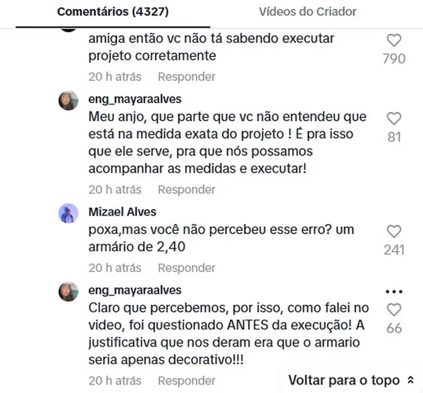 Engenheira rebateu as críticas