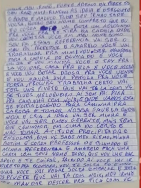 Carta seria entregue a comparsas do preso  por Reprodução 