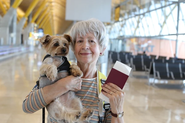 Senhora com o animal de estimação no aeroporto
