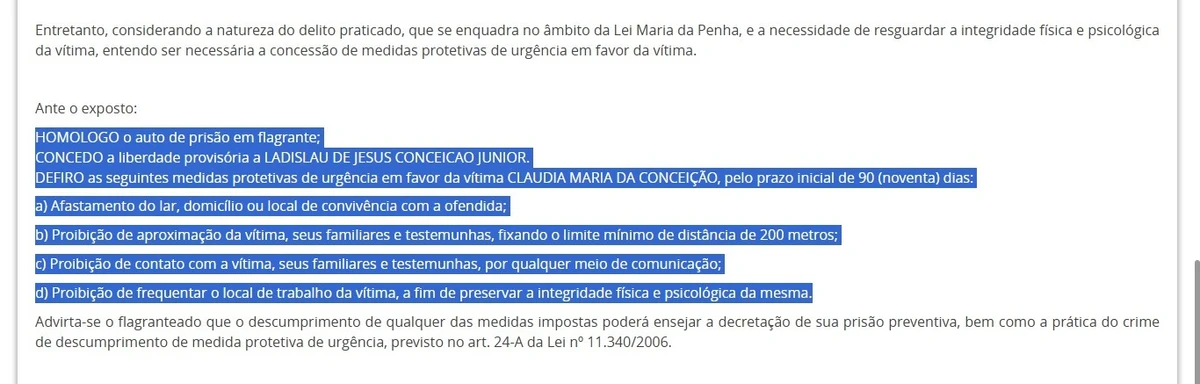 Justiça determinou medidas protetivas para Cláudia Maria por TJ-BA
