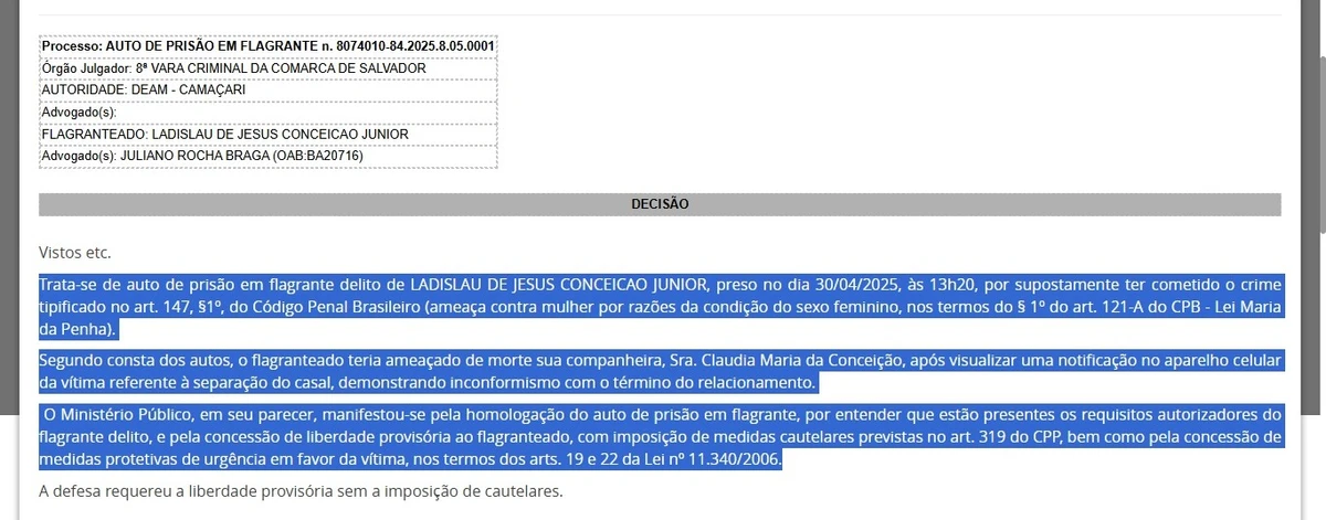 Ladislau tinha sido preso um mês antes de feminicídio por TJ-BA