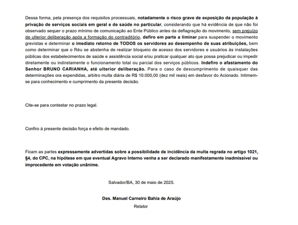 Trecho da decisão do desembargador Manuel Carneiro Bahia de Araújo