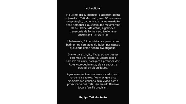 Nota divulgada por Tati Machado no Instagram por Reprodução/Instagram 