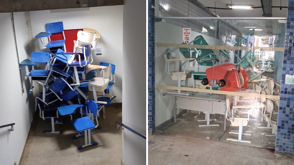 Cadeiras foram posicionadas para bloquear entradas e salas de aula