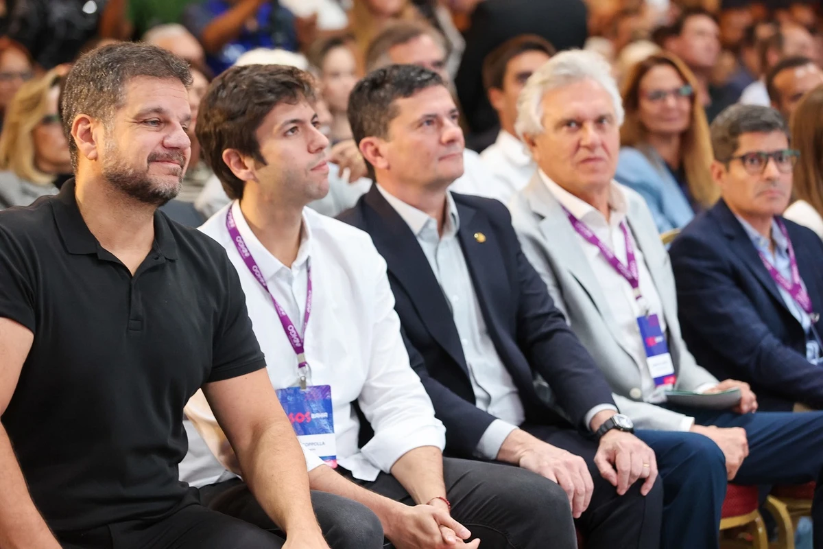 O ex-capitão do BOPE, Rodrigo Pimentel, o comentarista político Caio Coppolla, o senador Sergio Moro, o governador de Goiás, Ronaldo Caiado, e o ex-prefeito de Salvador e vice-presidente do União Brasil, ACM Neto