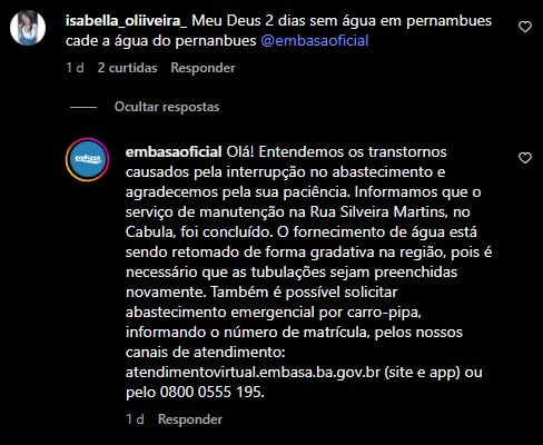 Embasa falou de obra no Cabula